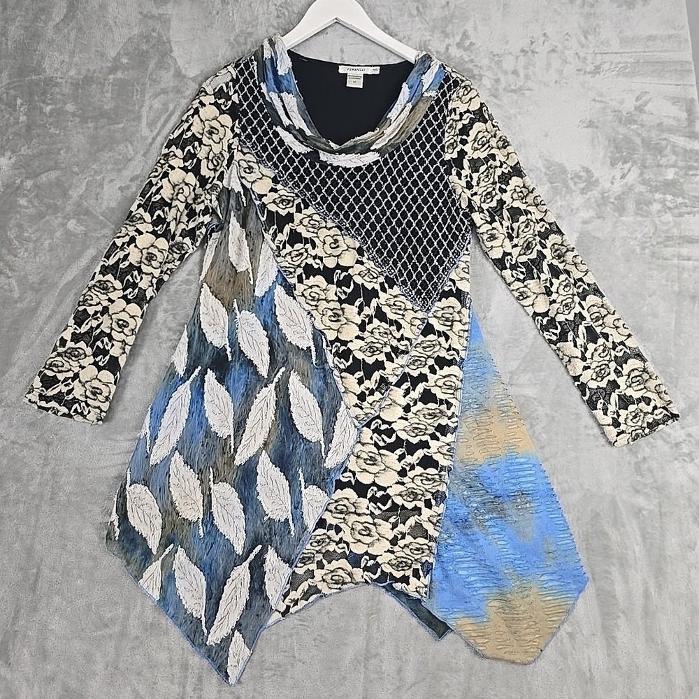 Feratelli Womens Patchwork Fairy Grunge Mesh Tunic Top‎ M Black Asym Floral